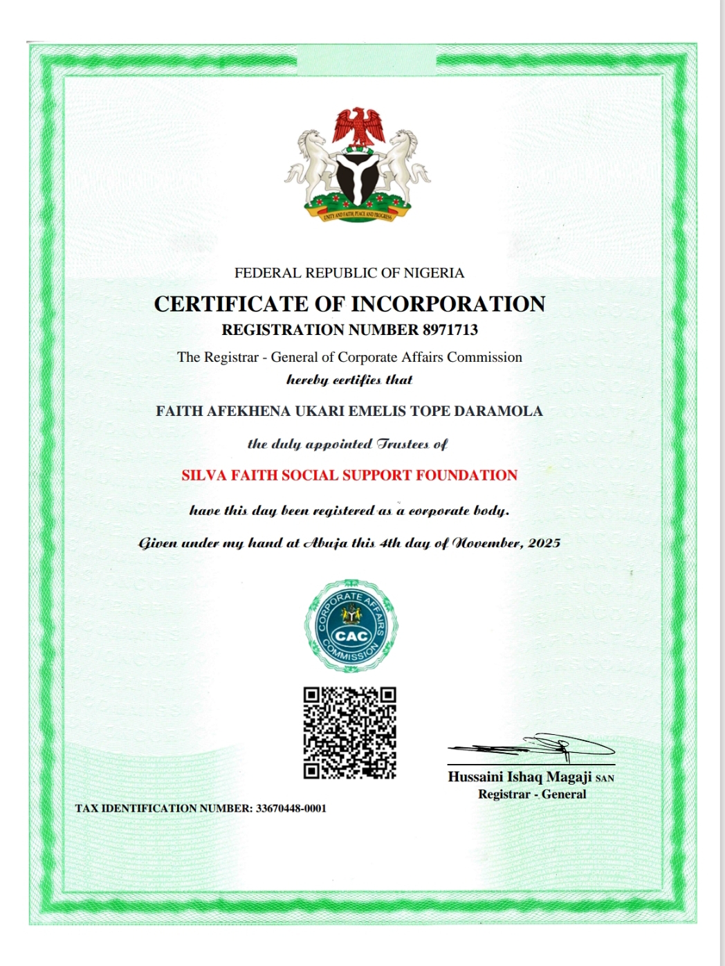 Silva Faith Social Support - Certificate of Registration